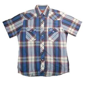 Rustler Western Pearl Snap Shirt M Blue Plaid VTG X-Long Tails • EUC